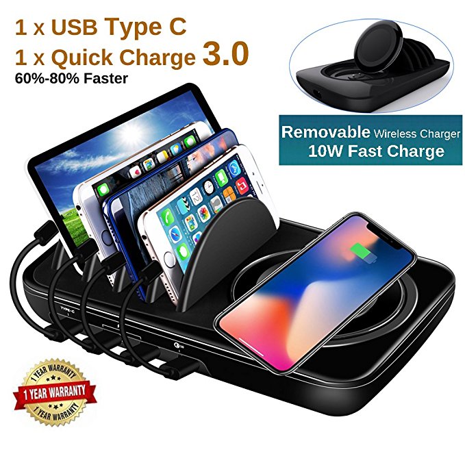 Wireless Charger Dock,Multiple Devices Charging Station Organizer with 10W Fast Qi Cordless Charge Pad,USB Charging Hub with 4 Ports-Type C/Ai/USB QC 3.0 for iphone 8/X/Samsung galaxy S8/S7/S6,Black