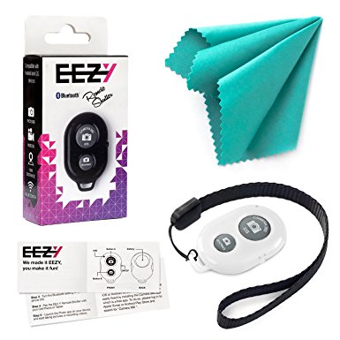 Bluetooth Remote Camera Shutter by EEZ-Y - Create Amazing Photos and Videos - Compatible with all iOS and Android Devices - Wireless Range of 33 feet - Includes Battery   Wrist Strap   Towel (White)