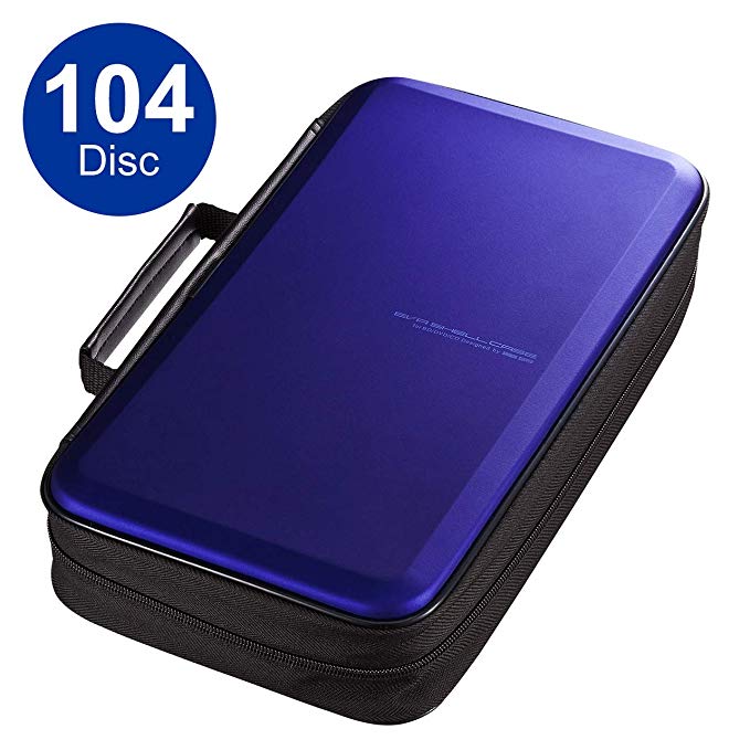 SANWA (Japan Brand) 104 Large Capacity CD Case, Portable DVD/VCD Storage, EVA Protective Blu-ray Wallet, Binder, Holder, Booklet with Attached Handle for Car, Home, Office, Travel (Blue)