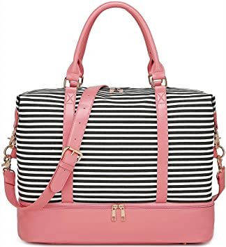 BLUBOON Weekender Overnight Bag Women Ladies Carry-on Tote Canvas Travel Duffle Bag with Shoe Compartment in Trolley Sleeve (289 Pink -black stripe)