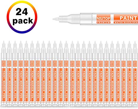 24 Pack White Paint Pens for Rock Painting, Acrylic White Paint Markers Pens Kit for Glass, Wood, Stone, Metal, Ceramic & More, Extra Fine Point Tip, Water Based, Acid Free Non Toxic, Quick-Dry