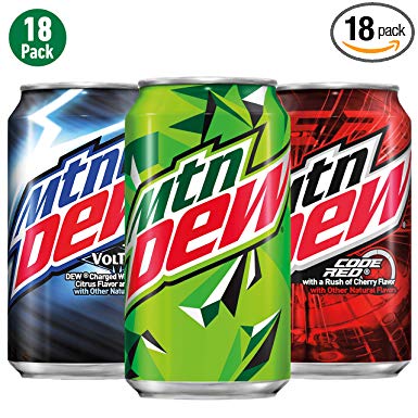 Soda Variety Pack with Mountain Dew, Dew Code Red, and Dew Voltage, 12 Fl Oz Cans, Pack of 18 (Packaging May Vary)