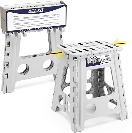 Delxo 16 Inch Folding Step Stool, Heavy Duty Foldable Stool for Adults,Premium Portable Collapsible Plastic Step Stool,Non Slip Folding Stools for Kitchen Bathroom Bedroom Up to 400LBS,(Grey 1PC)
