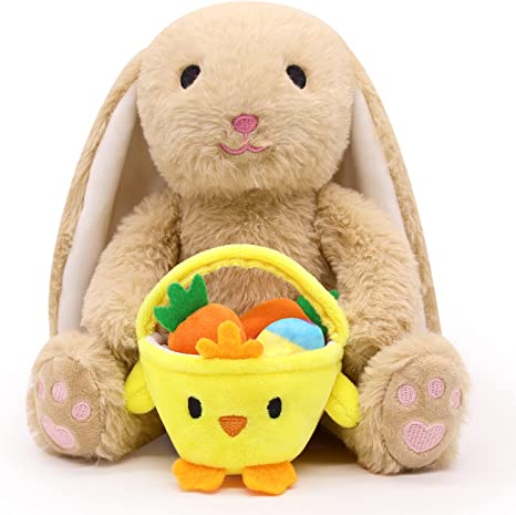 Cute Bunny Plush Bunny Stuffed Animals Toys, Soft Rabbit Stuffed Animals Rabbit Plush Hold Chicken Basket Filled with Easter Eggs Carrots, Kawaii Home Decoration Easter Gifts for Kids Girls Boys