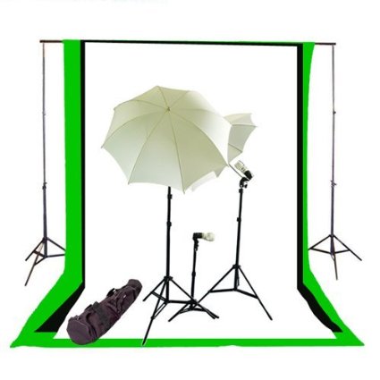 CowboyStudio Complete Photography / Video Studio Triple Lighting Light Kit, 10' x 12' Background Support System and Black, White and Green Muslin Backdrops