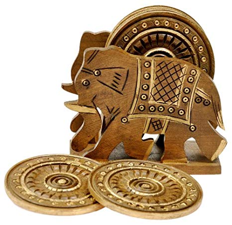 Little India Elephant Design Wooden Tea Coaster Handicraft (Brown)