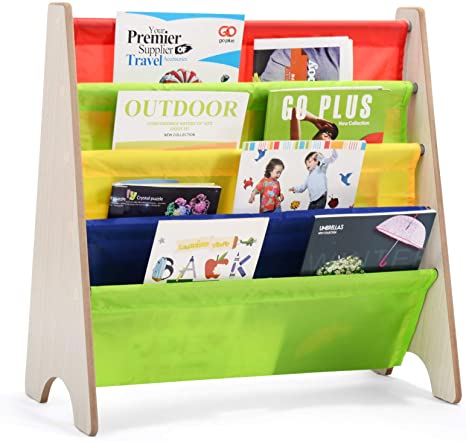 COSTWAY Kids Book Storage Rack, 4 Tier Sling Bookshelf with Fabric Shelves, Easy Access Children Bookcase for Toddlers Bedroom Playroom (Natural)