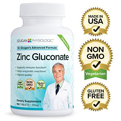Dr. Dzugan's ADVANCED Zinc Gluconate Formula :: Non-GMO, GMP Certified, Gluten Free, Vegetarian! :: 100 Tablets 25mg :: Immune Function