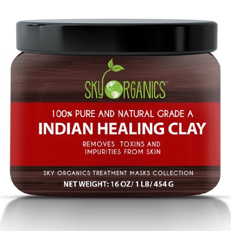 Indian Healing Clay By Sky Organics 16oz -100% Pure & Natural Bentonite Clay-Therapeutic Grade - Face Skin Care, Deep Skin Pore Cleansing, Detoxifying- Helps with Acne & Rejuvenating Skin- Made in USA