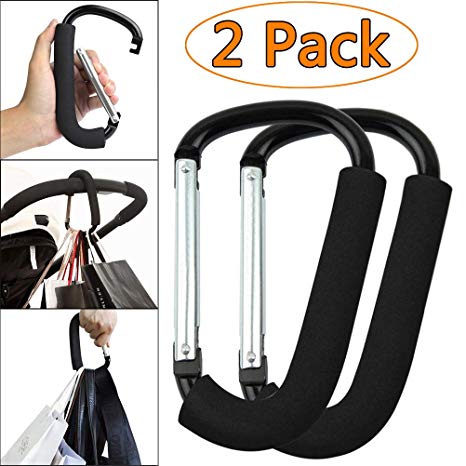 2 Pack X-Large Stroller Hooks, Organizer for Hanging Purses, Diaper Bag, Luggages, Shopping Bags, Carry Handle with Sponge, Best for Women & Men (6.2'' x 3.9'' x 0.4'' inches, Black)