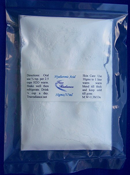 HYALURONIC ACID POWDER for skin or to take orally by True Radiance. 100% PURE 10GMS/100 days worth. Or make your own Hyalronic serum pure and fresh. Hyaluronic acid is a Dietary Supplement used for joint health (joint pain) and skin health.