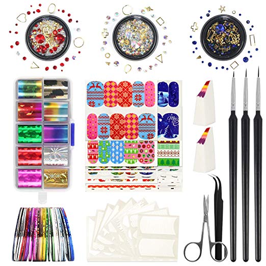 Nail Art Kit - Holiday Nail Arts Include 10 Starry Foil Stickers, 3 Nail Liner, 3 Wheels 3D Nail Rhinestones, Stripping Tapes, Gradient Sponge,Tweezers & Scissors