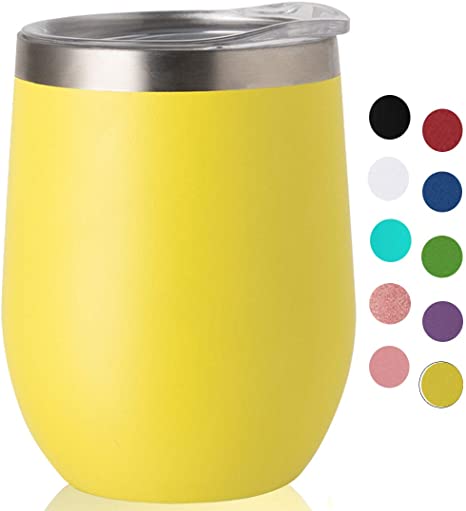 PURECUP Stainless Steel Wine Tumbler With Lid,12 oz Double Wall Vacuum Insulated Travel Tumbler,For Champaign,Cocktail,Beer,Coffee,Drinks,BPA Free(Yellow 1 Pack)