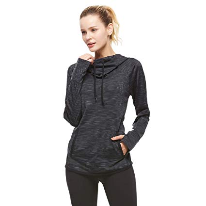 Universo Women's Cowl Neck Workout Running Drawstring Hoodie Track Jacket Pullover Sweatshirt Tops with Thumb Holes