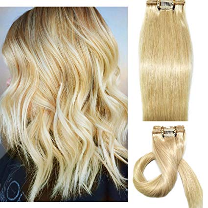 Myfashionhair Clip in Hair Extensions Real Human Hair Blonde 15 inches 70g Clip on for Fine Hair Full Head 7 pieces Silky Straight Weft Remy Hair (15 inches, #613)