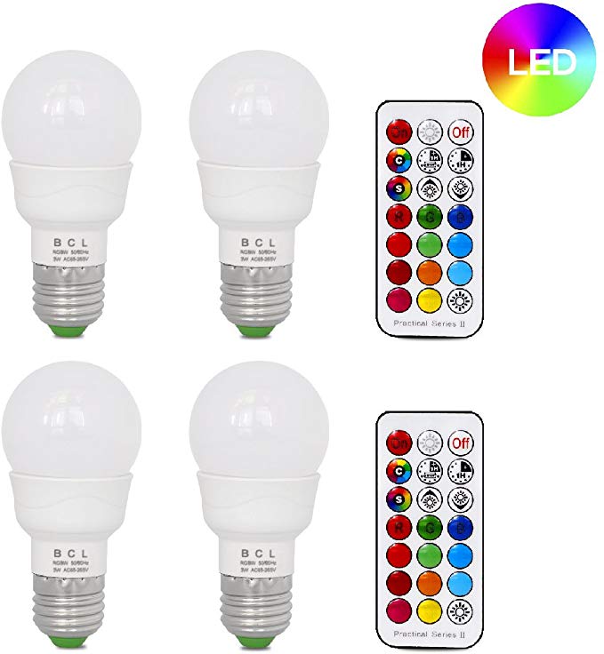 BCL 3W LED Color Changing Light Bulb with IR Remote, RGB and Warm white, 3-way and memory function, 20W equivalent, fit for daily illumination and mood ambiance [4 pack]