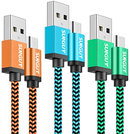 SUNGUY 0.5m [3Pack] Micro USB Cable Short Braided USB 2.0 Micro Fast Charge Data Lead Android Charger Cord for Samsung Galaxy S7,Moto G5,Kindle Fire,Tablet