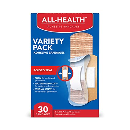 All Health Variety Pack Adhesive Bandages, Assorted Sizes Value Pack 30 ct | for First Aid and Wound Care