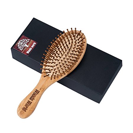 Detangling Hair brush with Ball Tipped Bamboo Bristle, Flexible Cushion Base , Anti Bacterial, Reduce Dandruff & Hair knotted, Massage Scalp by Woods World, 9inches