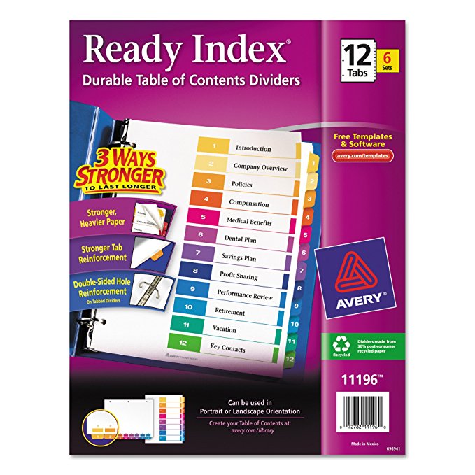 Avery Ready Index Table of Contents Dividers, 12-Tab Set, 6 Sets (11196)