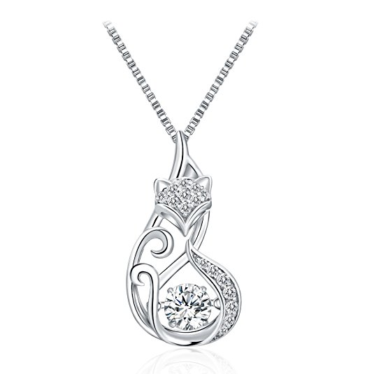 T400 Jewelers "Lovely Fox" 925 Sterling Silver Dancing Stone with Swarovski Zirconia Pendant Necklace, 18" Love Gift