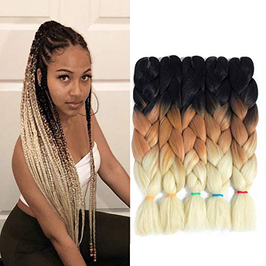 24Inch Kanekalon Jumbo Box Braiding Hair Extensions 5Pcs/Lot Ombre Kanekalon Jumbo Crochet Box Braids Hair (3 Tone Black-Brown-Beige)