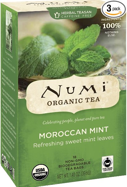Numi Organic Tea Moroccan Mint, Full Leaf Herbal Teasan, Caffeine Free, 18 Count Tea Bags (Pack of 3)