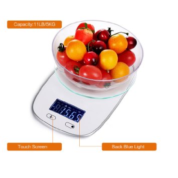 Kitchen Scale,Asscom® Pro Digital Kitchen Food Scale, 1g to 11lbs Capacity, Digital Blue Backlight LCD screen décor and Touch Screen Key Kitchen scale