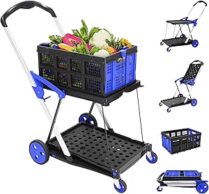 Multi Use Functional Collapsible Carts, Mobile Folding Trolley, Shopping Cart with Storage Crate, Portable Folding Cart, Shopping Cart Folding Trolley for Groceries, Home, Blue