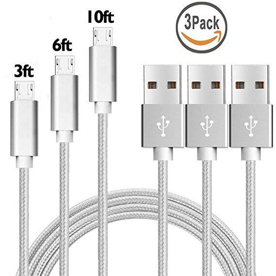 Nylon Braided USB to USB A cable [3FT 6FT 10FT] , High Durability, Tangle-Free Micro USB Cable for Android, Samsung, HTC, Nokia, Sony and many More(Silver)