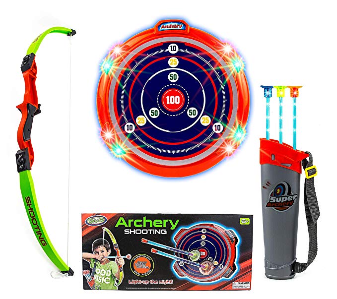 Toysery Kids Archery Bow and Arrow Toy Set - Target Practice with LED Flashing Lights and Sounds - Indoor Outdoor Toys, Garden Fun Game - Best Archery Bow & Arrow Toy Set for Kids Age 6 and Up