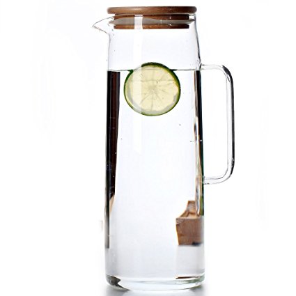 Cupwind Borosilicate Glass Hot/Cold Water Carafe Pitcher Wooden Infuser Lid 50 oz Explosion-Proof