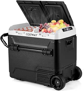 COSTWAY Car Refrigerator with Wheels, 64-Quart Dual-Zone Dual-Temperature Electric Cooler, 12V/24V DC, 100-240V AC, -4°F to 68°F, Portable Car Fridge Freezer for RV Camping, Black