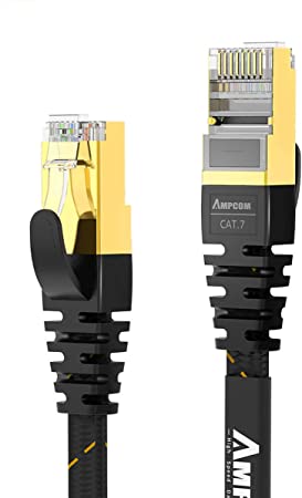 AMPCOM CAT7 Ethernet Cable (10G 600MHz), Shielded Flat Network Patch Cord, 50u Gold Plated Lead, Polyester Braided - 26ft Black