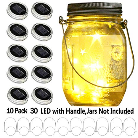 YITING Upgraded Solar Mason Jar Lid Lights, 10 Pack 30 LED Fairy Star Firefly String Lids Lights Including (10 pcs Hangers and 6 pcs PVC),for Wedding Patio Garden Party Decorations (No Jars)