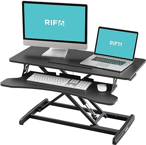 RIF6 34 Inch Convertible Standing Desk – Desk Riser with Customizable Height Settings – Sit to Stand with Spring Assisted Handle – Comes with Tablet and Phone Holder – Black