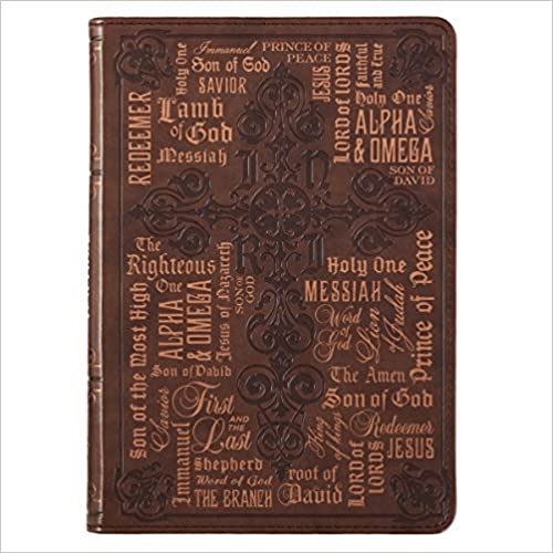 Christian Art Gifts Brown Faux Leather Journal | Names Of Jesus John 1:14 Bible Verse | Flexcover Inspirational Notebook w/Ribbon Marker and Lined Pages, 6 x 8.5 Inches