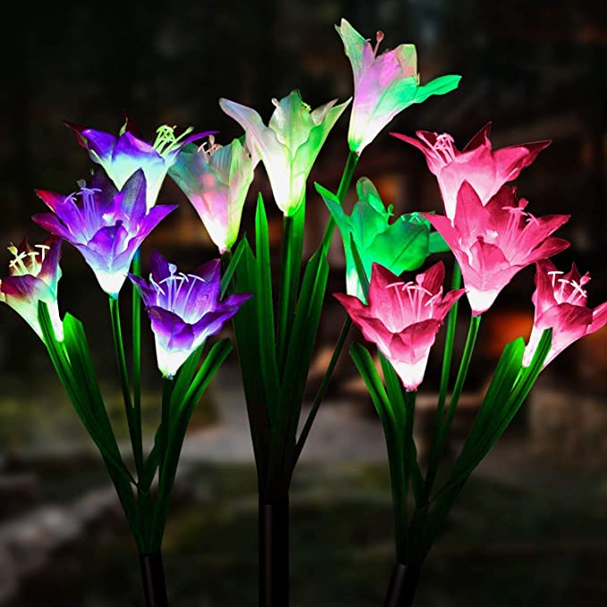 LED Solar Lily Flower Lights 3 Pack 12-Head 7 Color Changing Outdoor Garden Stake Lamps Bigger Flowers and Wider Solar Panel for Garden Patio Yard Pathway Party Holiday Decoration(White&Purple&Pink)