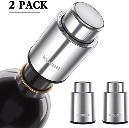 Wine Bottle Stoppers, Kollea Reusable Wine Stopper - Stainless Steel Vacuum Wine Preserver with Time Scale, Wine Saver Vacuum Pump Keep Wine Fresh Corks, Best Gifts for Wine Lovers(2 PACK) (Silver)