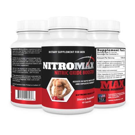 NitroMax Nitric Oxide Booster- Get Pumped And Grow Muscle Fast- Powerful Pre Workout Supplement- Increased Vaso-dilation for Expanding Blood Vessels- Synthesis of Nitric Oxide- Hardening of Muscles- Increase In Strength- Cutback In Recovery Time- Better Absorption of Protein- Speeds Up Repair Time of Damaged Tissue- Helps Decrease Blood Pressure- Made In USA in GMP FDA Approved Facility- Money Back If Not Satisfied- Free Shipping