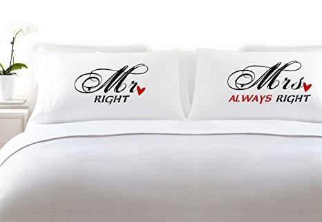 Mr Right Mrs Always Right Heart (King White) Couples Anniversary Wedding Pillowcases Set of 2 His and Hers