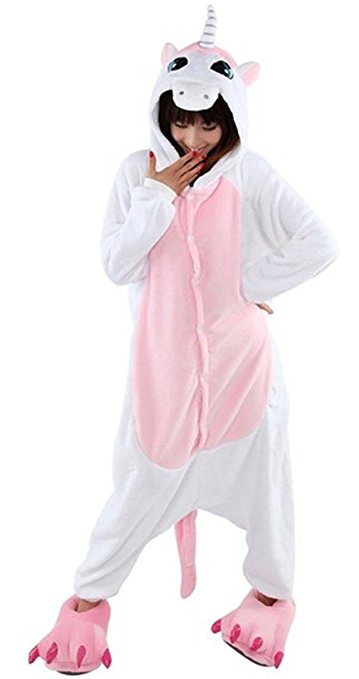 New Women's Adult Pajamas Ladies Unisex Fleece Animal Onesies Kigurumi Novelty Pyjamas Nightwear Costumes Halloween(Pink Unicorn,Medium)