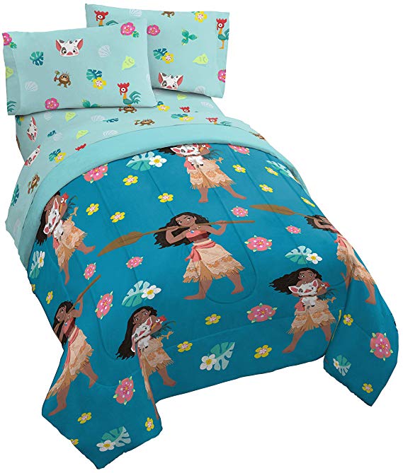 Jay Franco Disney Moana Flower Power 5 Piece Full Bed Set - Includes Reversible Comforter & Sheet Set - Super Soft Fade Resistant Polyester - (Official Disney Product)