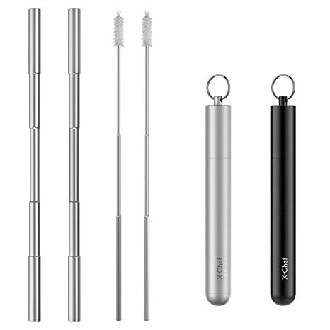 X-Chef Metal Telescopic Straw Set of 2, Reusable and Retractable Straws with Keychain Aluminum Case and Cleaning Brush, Black & Silver