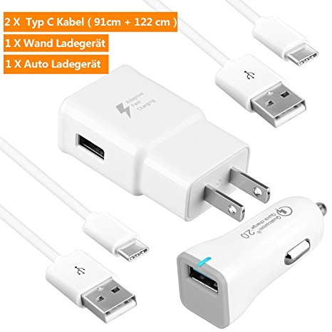 Samsung Galaxy S8 and S8 Plus Adaptive Fast Charger Kit, Axmda Quick Charge 2.0 Adapter Type C 3.0 Cable Kit【Wall Charger   Car Charger   2 Cable】 for New MacBook, Google Pixel, Nexus 6P and More