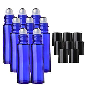Sinide Blue Roll on Glass Bottles, 8 Pack 10ml (1/3oz) Essential Oil Roller Bottle with Stainless Steel Metal Balls Useful for Aromatherapy Perfumes and Lip Balms (Blue 8)
