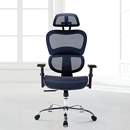 High Back Executive Style, Modern Office Chair with Lumbar Support, Breathable Mesh Covering, Fully Adjustable Armrests, Height and Headrest, Blue, Standard Size