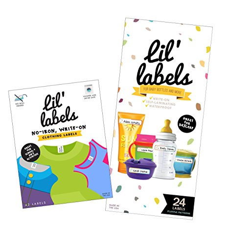 Lil' Labels Daycare Value Pack Write on Name Labels, Waterproof, Baby Bottle Labels (Playful Patterns) & Clothing Labels, Plus 2 Bonus Gifts, BRIGHT WHITE