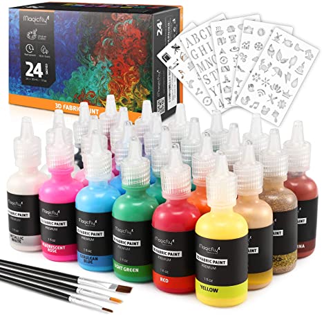 Magicfly 24 Colors 3D Fabric Paints Puffy Paints,with 3 Brushes & 5 Stencils, Permanent Textile Paint with Fluorescent, Glow in The Dark, Glitter, Metallic Colors for Textile, Fabric, T-Shirt