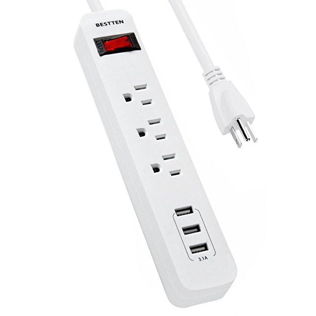 Bestten 3 Outlet Surge Protector Power Strip with Triple 3.1A USB Charging Ports, 3 ft Extension Cord, 300 Joules, ETL Certified, Ideal for Home Office and Travel